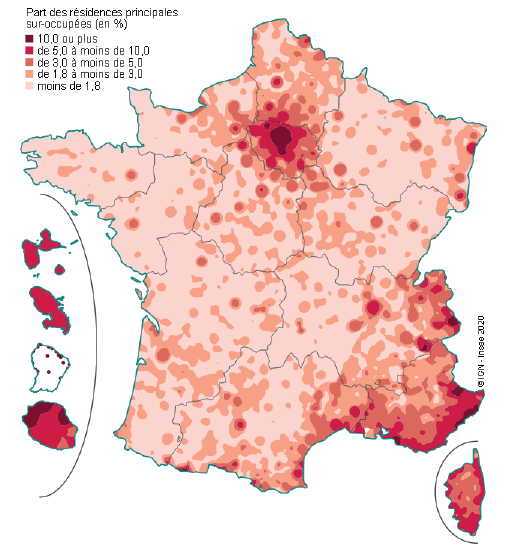 Carte Part des résidences « suroccupées » en 2016